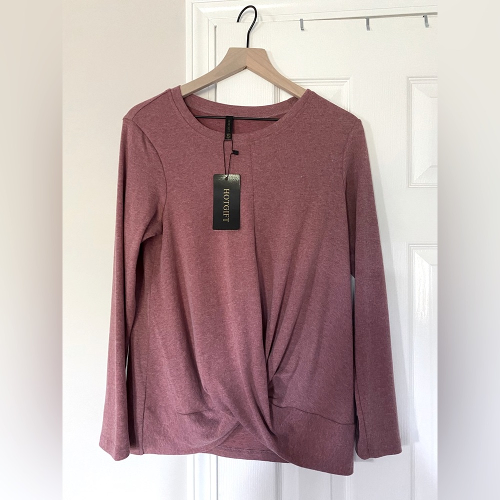 Dusty Pink Women's Long Sleeve Tunic Top | Casual Crewneck Front Twist | S |